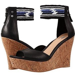 UGG Jacinda Serape sandals Beaded Black Leather Cork Wedge  9